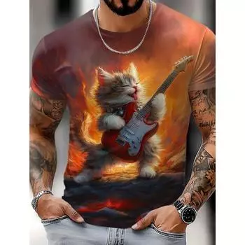 Крутая футболка с рисунком кошки и акулы для мужчин, футболки с 3D-принтом, гитара, скейтбординг, повседневные футболки с коротким рукавом и круглым вырезом S