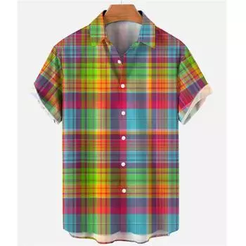 Крутая гавайская радужная разноцветная клетчатая рубашка для мужчин, свободного покроя, 3D, модная повседневная, с коротким рукавом, простая пляжная одежда на летних пуговицах S