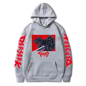 Крутая модная толстовка с капюшоном в стиле аниме «Берсерк», повседневные удобные толстовки с героями мультфильмов для женщин/мужчин, новинка в стиле Харадзюку, большие размеры Y2k, унисекс XS серый