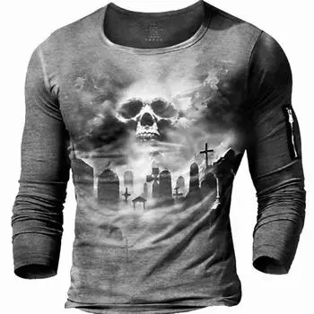 Крутая мужская рубашка с длинным рукавом с 3d принтом черепов, осенне-зимняя байкерская футболка с татуировкой, мужская футболка, винтажные топы с длинными рукавами