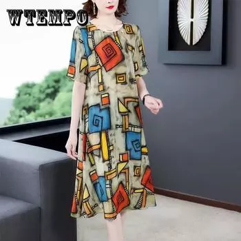 Крутое платье из ледяного шелка, летние платья с короткими рукавами, этническое повседневное удобное платье больших размеров, свободное для мамы XXXXL