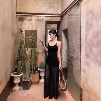 Крутое шикарное трикотажное платье-майка с сетчатой вставкой: С U-образным вырезом, с открытыми плечами, с открытой спиной, облегающее талию S Premium чёрный