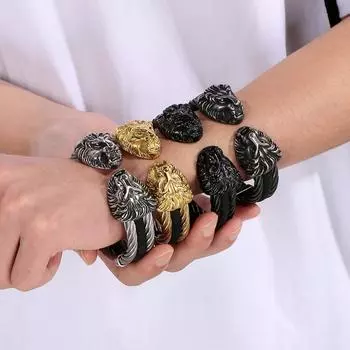 Крутой эластичный браслет-манжета с двойной мордой льва для мужчин из нержавеющей стали и кожи, 12 мм, цепочка для мужчин 65MM(Elastic) серебряный