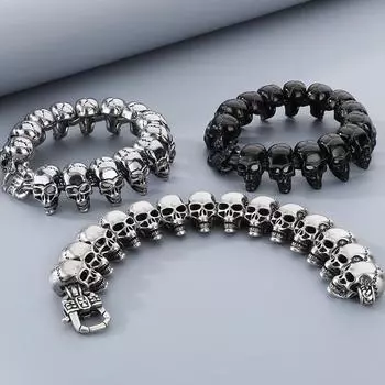 Крутой браслет «Мертвая голова» для мужчин, винтажный черный, цвет старого серебра, сплошной, из нержавеющей стали, мужские браслеты, цепочка с черепом, ювелирные изделия для мужчин 19CM серебряный