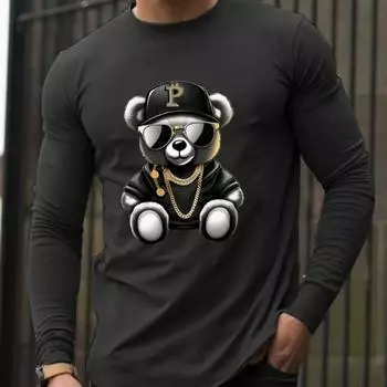 Крутой черный медведь принт мужские футболки с длинным рукавом футболки с круглым вырезом повседневный свитер мужская одежда больших размеров XS белый