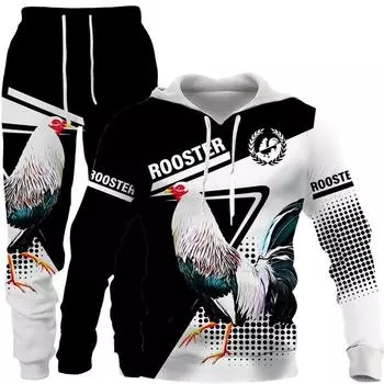 Крутой камуфляжный костюм с капюшоном для охоты и петуха, мужской забавный пуловер в стиле Харадзюку, брюки, комплект из двух предметов, спортивный костюм с 3D принтом в виде куриного петуха S