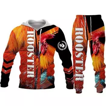 Крутой камуфляжный костюм с капюшоном для охоты и петуха, мужской забавный пуловер в стиле Харадзюку, брюки, комплект из двух предметов, спортивный костюм с 3D принтом в виде куриного петуха S