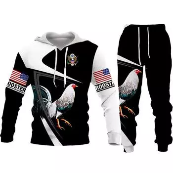 Крутой камуфляжный костюм с капюшоном для охоты и петуха, мужской забавный пуловер в стиле Харадзюку, брюки, комплект из двух предметов, спортивный костюм с 3D принтом в виде куриного петуха S