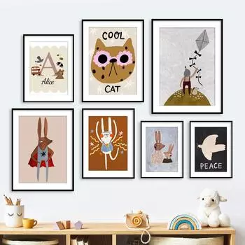 Крутой кот кролик единорог голубь мира цветок настенное искусство холст картина скандинавские постеры и принты настенные картины декор детской комнаты для малышей без рамки 21*30cm No Frame