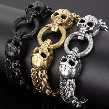 Крутой мужской браслет со скелетом и черепом из полированной нержавеющей стали, ширина 13 мм, двухзвенная цепочка, мужские браслеты, ювелирные изделия в стиле панк, готика 22CM серебряный