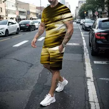 Крутой мужской комплект из 2 предметов с 3D сращиванием, удобная и мягкая футболка и повседневные шорты, летний крутой спортивный комплект на открытом воздухе XXXL