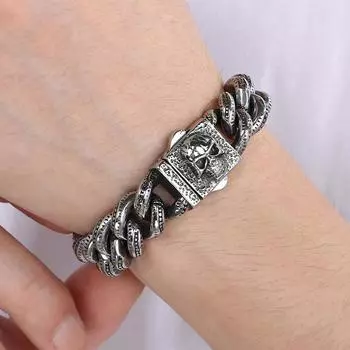 Крутой панк-браслет с черепом и лицом для мужчин, винтажный, ширина 15 мм, кубинские звенья, браслеты-цепочки, мужские украшения на Хэллоуин, аксессуары 21.5CM серебряный