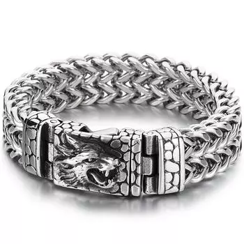 Крутой панк китайский браслет с головой дракона Лунг для мужчин, ширина 16 мм, двухслойные квадратные браслеты-цепочки Франко, мужские украшения 21CM серебряный