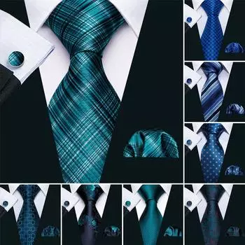 Крутой шелковый галстук для мужчин, 8 стилей, синий бирюзовый клетчатый полосатый галстук с цветочным принтом, носовой платок, запонки для свадебных свиданий, бизнеса N-0561