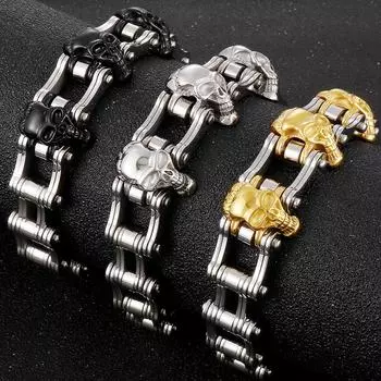 Крутой стальной браслет-цепочка с черепами и головами для мотоциклистов для мужчин Уникальные готические мужские браслеты Панк-рок ювелирные изделия аксессуары подарки 22CM серебряный