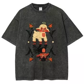 Крутые футболки с ангелом и демоном-овцой, унисекс, выстиранные футболки, мужские и женские футболки с коротким рукавом, хлопковые футболки в стиле стритвир S