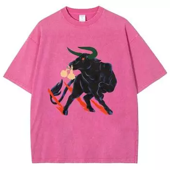 Крутые футболки с быком Унисекс Выстиранные футболки Мужские Женские Оверсайз Футболки с коротким рукавом Хлопок Харадзюку Графические футболки S
