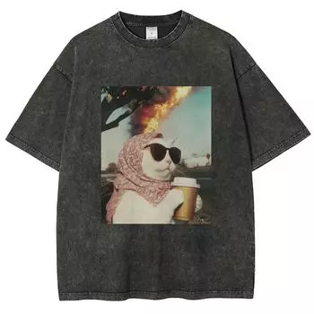 Крутые футболки с мемом про кота унисекс, выстиранные футболки, мужские, женские, модные, с коротким рукавом, хлопковые, оверсайз, уличная одежда S