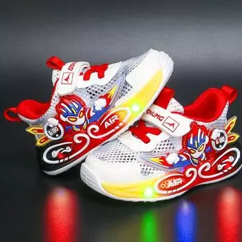 Крутые мультяшные милые детские туфли для мальчиков, сетчатые модные светящиеся светодиодные красочные детские туфли, милые детские кроссовки 23 красный