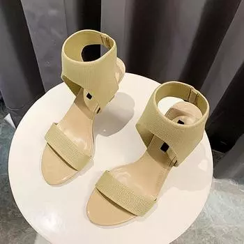 Крутые римские сапоги на высоком каблуке, туфли с открытым носком, женские новые летние босоножки на тонком каблуке, вязаные эластичные 35 телесный