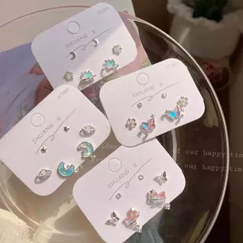 Крутые серьги Laser Aurora Moon: Красочный дизайн звезды с серебряной иглой Aurora Butterfly Set Earrings