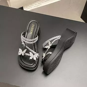 Крутые шлепанцы на толстой подошве с бантом из стразов для женской уличной одежды, весенние новинки, с юбкой, на танкетке, шлепанцы на перемычке 35