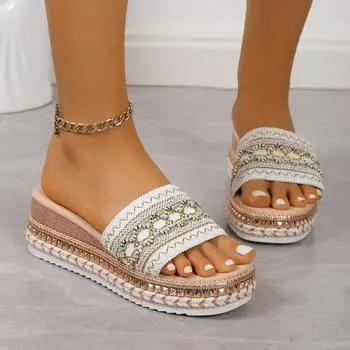 Крутые тапочки большого размера в этническом стиле для женщин, лето 2024, новые удобные тапочки с толстой подошвой и цветными блоками для внешнего ношения 36 бежевый