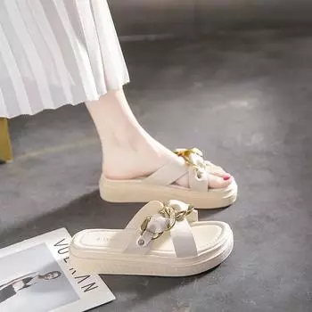 Крутые тапочки Chain для женщин, лето 2024, новая универсальная модная верхняя одежда, толстые тапочки с низом ins tide 35 чёрный