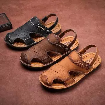 Крутые тапочки мужские уличные модные пляжные туфли из коровьей кожи дышащая сумка обувь с отверстием для головы 38