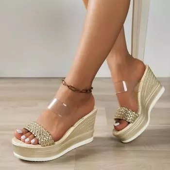 Крутые тапочки на покатом каблуке женские летние 2024 года, большие размеры, толстая подошва, рыбий рот, один символ, женские тапочки 36 золотой