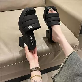 Крутые тапочки на высоком каблуке для женщин, лето 2024, новые простые женские туфли, повседневные, хорошие, с толстым каблуком, односложные тапочки, мода 35