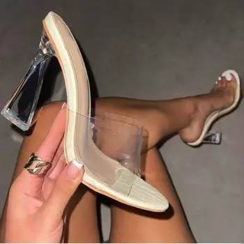 Крутые тапочки на высоком каблуке с кристаллами, большого размера, с одним символом, прозрачные, с толстым каблуком, с квадратной головкой, модные женские туфли 36 светло-зеленый