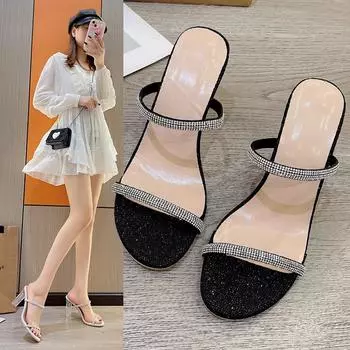 Крутые тапочки на высоком каблуке, женские, лето 2025, новые, со стразами, верхняя одежда, мода, односложный ремень, женская обувь 37 белый