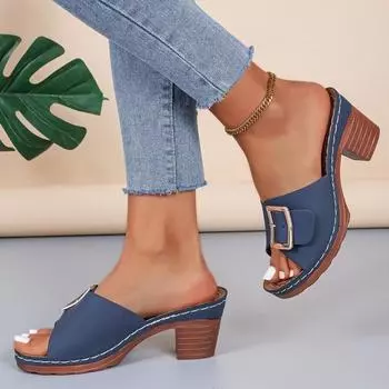 Крутые тапочки с пряжкой на ремне, женские, 2025 года, модные, с круглым носком, с открытым носком, большого размера, на высоком каблуке, толстый каблук, одно слово, перетаскивание 36 синий