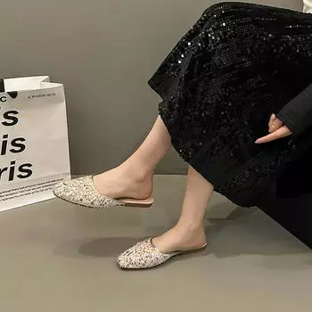 Крутые тапочки, верхняя одежда, женская, 2024, новая летняя сумка с пайетками, модные корейские женские сандалии с одной педалью 35 чёрный