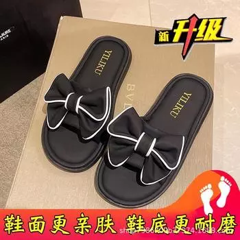 Крутые тапочки женская летняя одежда 2024 года новые модные и удобные женские туфли с плоским дном с одним словом и бантом 35 зелёный