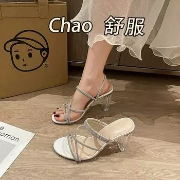 Крутые тапочки, женская верхняя одежда, лето 2025, новая мода, толстый каблук, прозрачные однотонные туфли на высоком каблуке для женщин 35