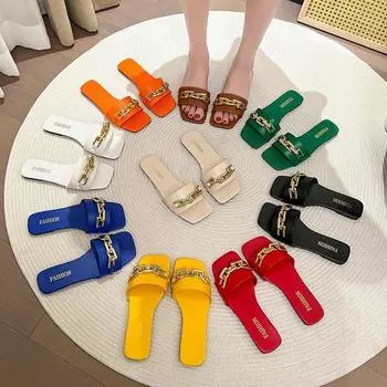 Крутые тапочки женские 2024 летние новые односимвольные металлические цепочки модные на открытом воздухе 35 белый