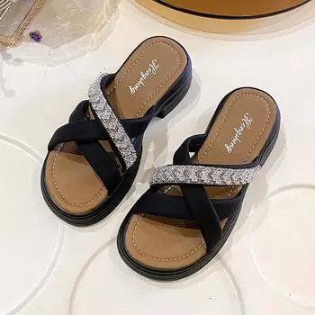 Крутые тапочки женские летние модные для улицы новые на толстой подошве пляжные сандалии нескользящие для беременных женщин шлепанцы на один палец с высоким чувством стиля 35 чёрный