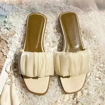 Крутые тапочки женские летние новая фея стиль плоская подошва модные квадратный носок средний каблук шлепанцы 35