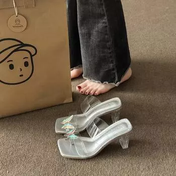 Крутые туфли на высоком каблуке со стразами для женских комплектов на толстом каблуке, банты со стразами на носке, однотонные каблуки со стразами. 35