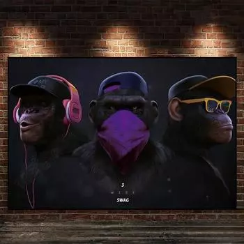 Крутые забавные 3 обезьянки в наушниках и шляпе, постер с изображением животных, картина на холсте, настенная печать, картина для гостиной, домашний декор 30X45cm Unframed