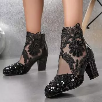 Крутые женские босоножки на высоком каблуке с кружевом и пайетками, модные босоножки большого размера с круглым носком и толстым каблуком 35 чёрный