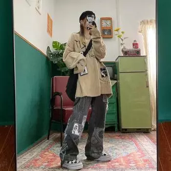 Крутые женские свободные винтажные женские брюки, модные женские мешковатые джинсы в стиле Харадзюку, женские брюки, повседневные забавные готические брюки, летние джинсы XXL чёрный