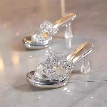 Крутые женские тапочки на толстой подошве и высоком каблуке, новинка лета 2025 года, с открытым носком, стразами, прозрачным водонепроницаемым столиком и шлепанцами на толстом каблуке 34