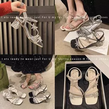 Крутые женские тапочки на толстом каблуке с кристаллами, интернет-знаменитости, босоножки с открытым носком и толстым каблуком, женские новые босоножки на высоком каблуке, женские 35 чёрный