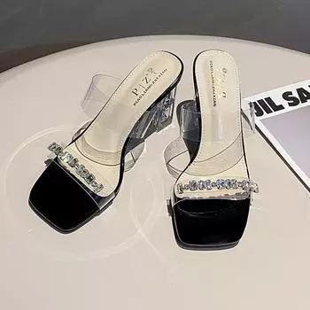 Крутые женские тапочки, новые, на толстом каблуке, со стразами, в стиле феи, в комплекте с юбкой, прозрачные тапочки со средним каблуком и кристаллами 35 серебряный