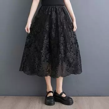 Кружева больших размеров с высокой талией, винтажная весенне-летняя повседневная свободная длинная женская юбка с цветочным принтом чёрный