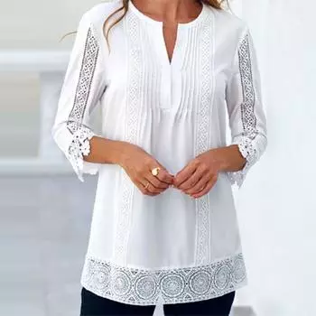 Кружева большого размера плиссированная лоскутная однотонная женская рубашка с рукавами женская блузка 5XL белый