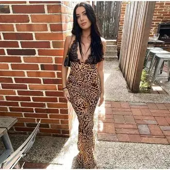 Кружева Лоскутное Леопардовый Женские Платья Пакет Бедра Тонкий Высокая Талия Без Рукавов С Открытой Спиной Женский Халат S цветной печати леопарда